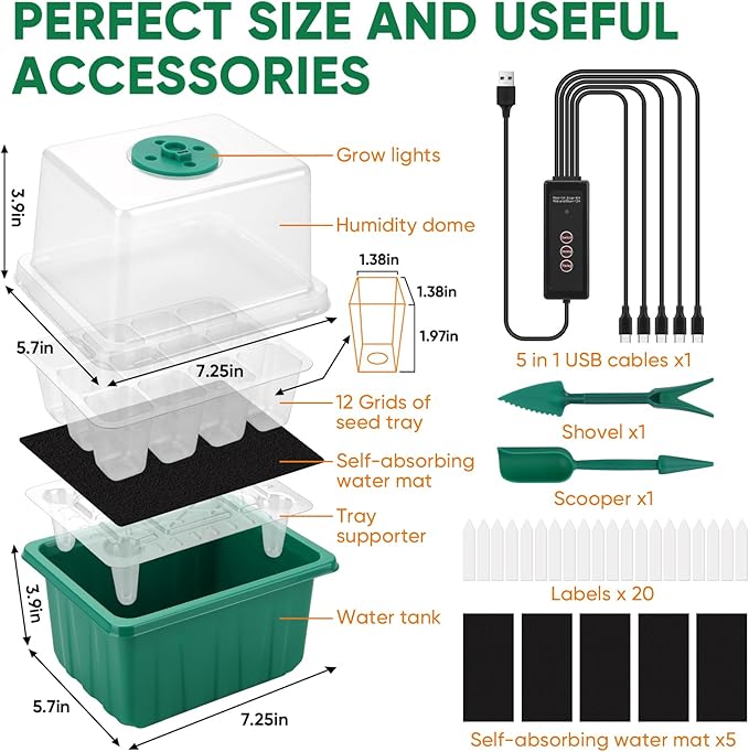 BlumWay Self-Watering Seed Starter Tray Kit with Grow Light and Humidity Dome,3 Color Growing Light,5-Pack 60-Cell Plant Seedling Tray,Reusable Plastic Germination Trays,Timed Light Plant Starter Set