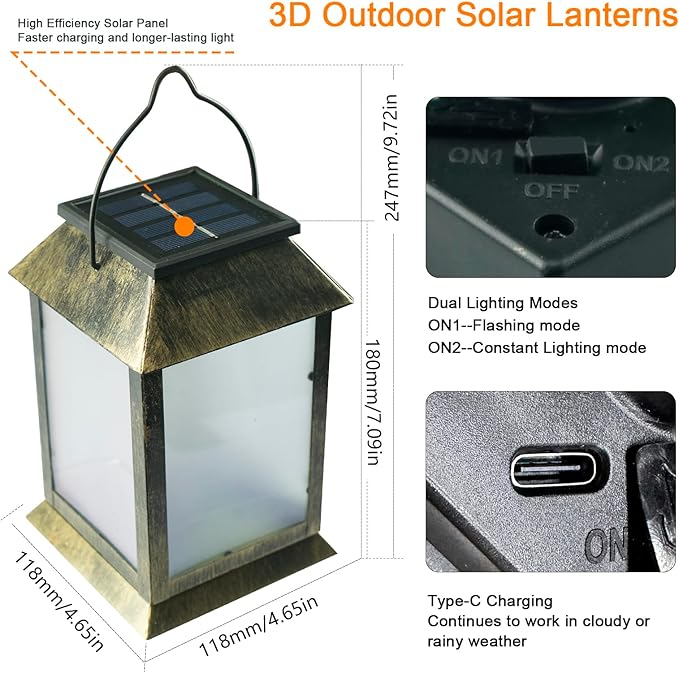 Solar Lanterns Outdoor Waterproof, 3D Hanging Solar Lights, Type-C Rechargeable LED Solar Pathway Lights with 2 Modes (Steady & Flashing), for Garden Decor, Patio, Yard, Camping (1 Pack )