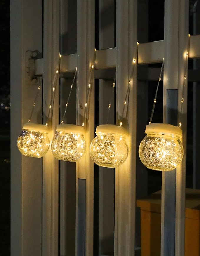 Solar Lantern Solar Lights Outdoor Waterproof 2-Pack, Solar Powered Hanging Lights Cracked Glass Hanging Globes for Christmas Decoration, Shepherd Hook, Garden Tree Ornaments, White Cap, Warm White