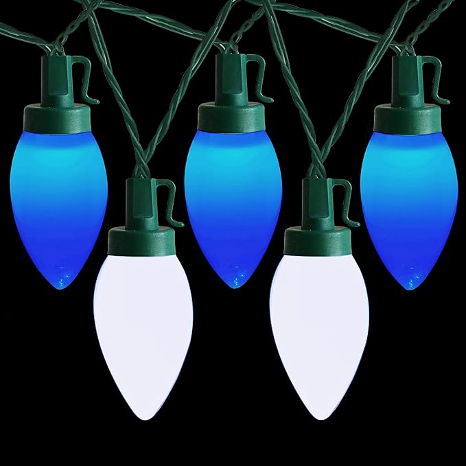 C9 Christmas Lights Outdoor 50 LED Blue + Cool White Strawberry 34.5ft Waterproof Xmas String Light for Garden Yard Home Party Holiday Christmas Tree Indoor Decoration(Blue + Cool White)