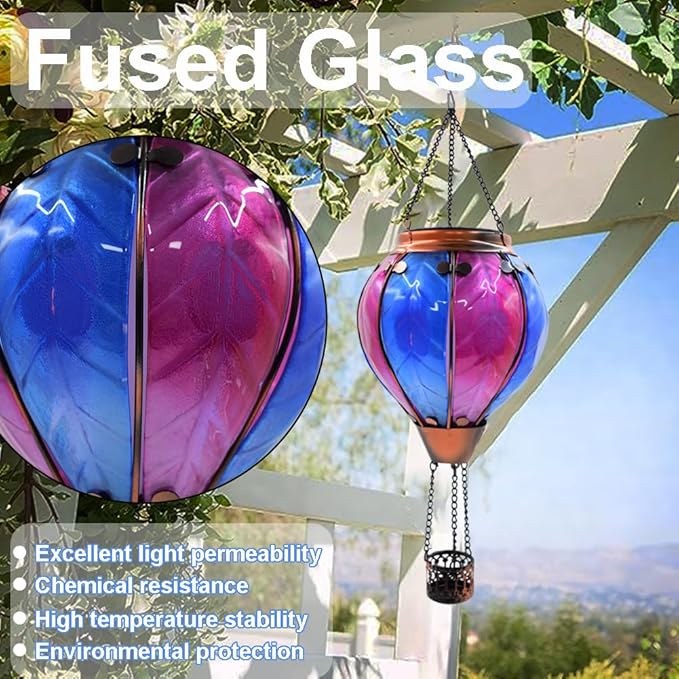 Hot Air Balloon Solar Lantern with Flickering Flame Hanging Solar Lanterns Outdoor Lights Waterproof Lanterns Decorative Garden Patio Yard Party Decor Rose Red&Blue