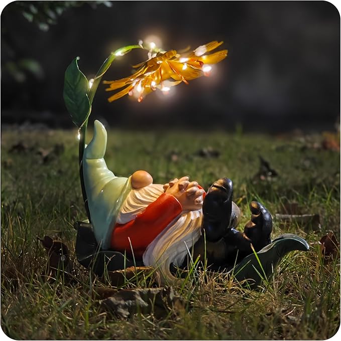 Solar Powered Gnome Garden Statue - Resin Gnome on Green Leaf with Large Yellow Stamen Sunshade, LED Lights Decorations, for Women Men, Outdoor Decor Ornaments for Outside