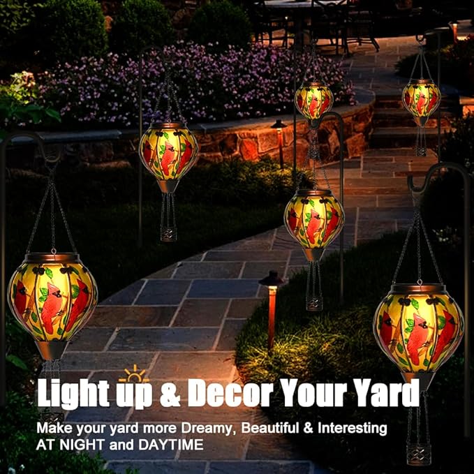 Hot Air Balloon Solar Lantern - Cardinal Bird Glass Lantern with Simulated Flickering Flame, Outdoor Hanging Yard Light Waterproof IP65 & Weather Resistant for Garden Patio Lawn Porch Decor Gfit