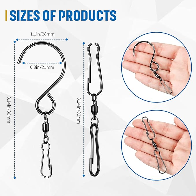 Jetec Wind Spinner Swivel Hooks 360 Degree Dual Spinning Windsock Chime Supplies Hanger Swivels Clip Hanging Hooks with Storage Box for Wind Spinners Supply, 2 Styles (Black,20 Pieces)