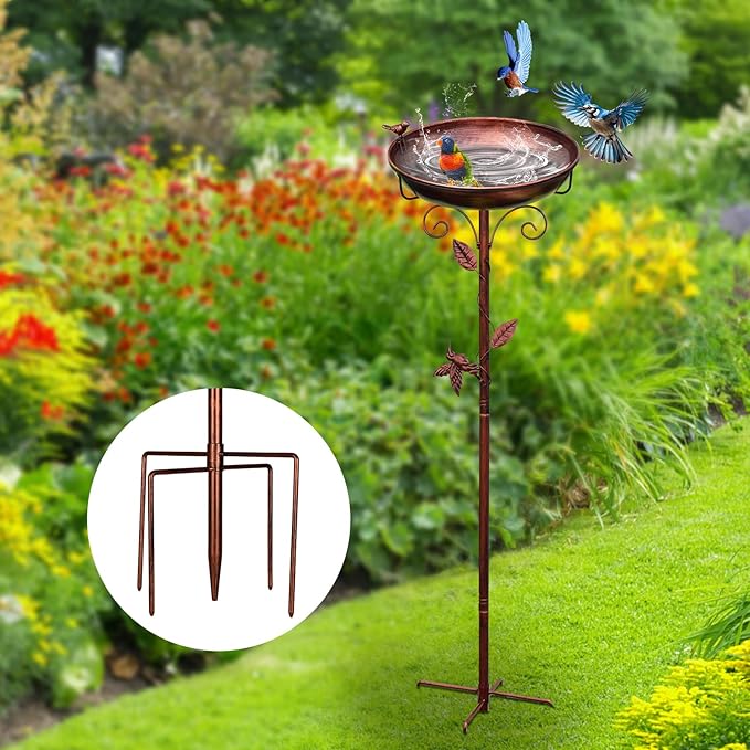 Metal Bird Bath for Outside with 2 Bird Decor, Hummingbird on Pole & Sparrow on Bowl, 38.5 Inch Height Garden Birdbath, 12 Inch Antique Bronze Freestanding Birdfeeder Bath for Yard Patio