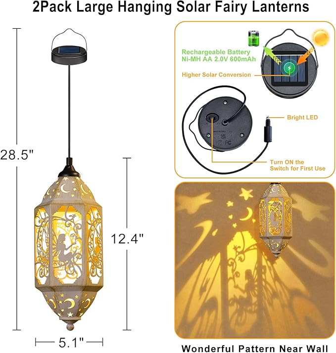 Outdoor Solar Lanterns Waterproof Fairy Moon Garden Gifts for Women Mom12.4‘’ Metal Garden Lanterns Hanging Light for Patio Backyard Decorations, Mothers Day Birthday Gifts (Gold White,2Pack)