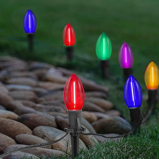 C9 LED Christmas Pathway Lights Outdoor 38Ft 25 LED C9 Multicolor Bulbs Christmas Pathway Stakes Lights, Connectable Outdoor Christmas Walkway Lights for Yard Patio Sidewalk Driveway Garden Lawn Decor