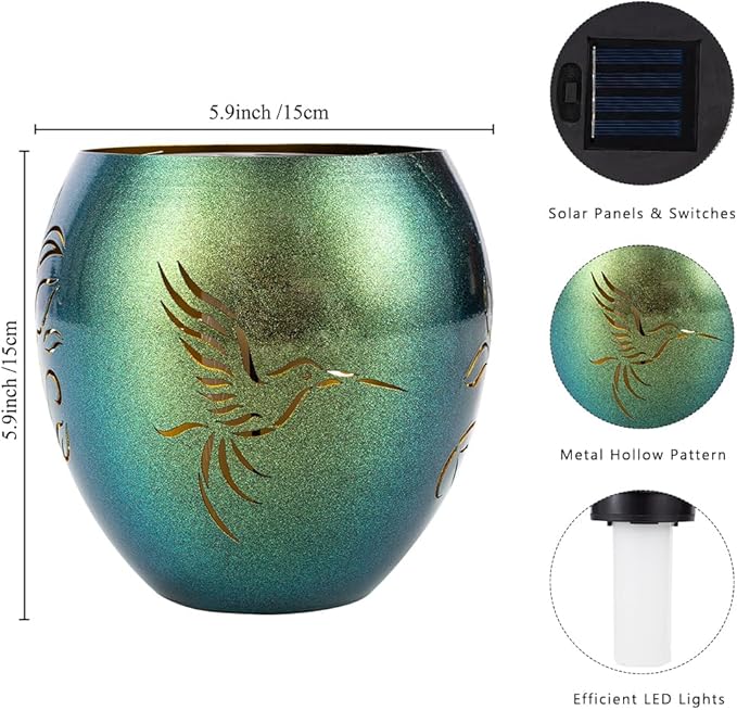 VEWOGARDEN Solar Lanterns Outdoor Waterproof Hummingbird & Plant Hollowed-Out Metal Lantern Solar Lights with Flickering Flame for Patio Porch Table, Green