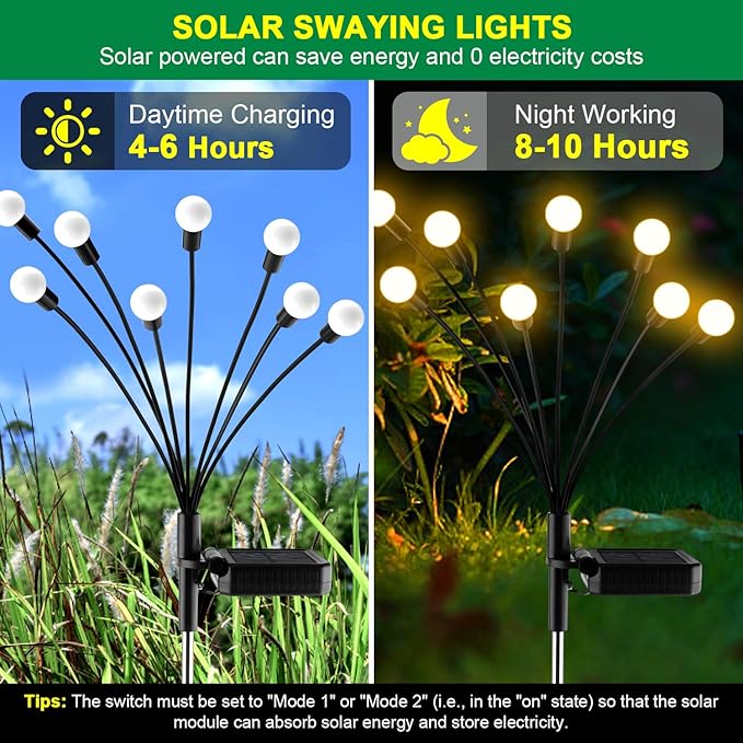 Solar Garden Lights - 6 Pack Solar Firefly Lights Outdoor Waterproof New Upgraded Swaying Landscape Lighting for Outside Pathway Patio Yard Garden Outdoor Decor Sway by Wind 8 LED Warm White