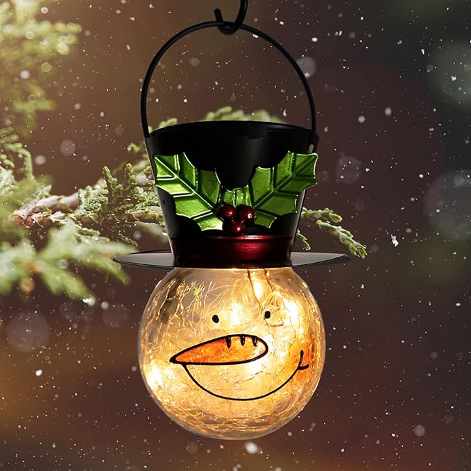 Starsoul Snowman Solar Lanterns, Christmas Outdoor Hanging Lantern Waterproof Decorative Snowman Lamps Decor for Garden, Patio, Yard, Porch, Xmas Holiday Party Decor (Large Leaves)