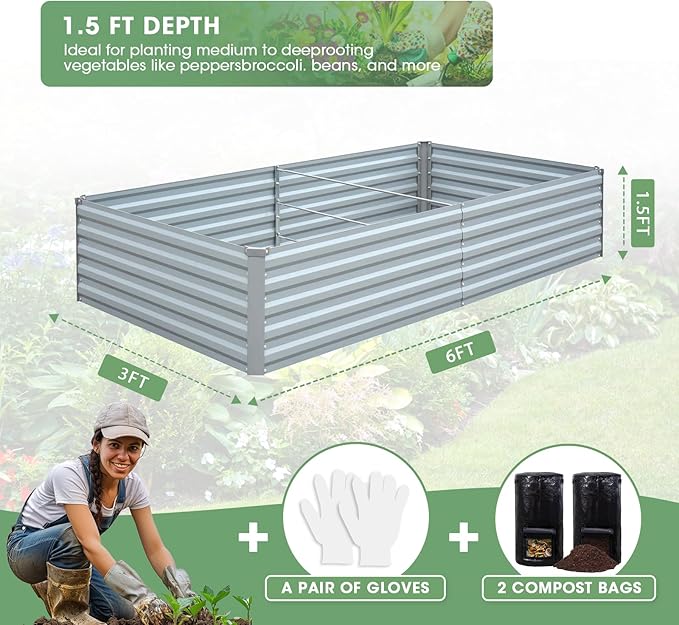 Raised Garden Bed 6x3x1.5FT - Galvanized Steel Planter for Outdoor Vegetables, Flowers, and Herbs - Tall Deep Root Box Kit with Gloves and 2 Compost Bags - Stylish Gray Design