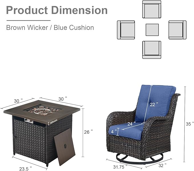 5 Pieces Patio Wicker Furniture Set - 4 Outdoor Swivel Rocker Glider Chairs with Propane Fire Pit Table, Warm Patio Conversation Set Blue Cushion Perfect for Casual Gathering