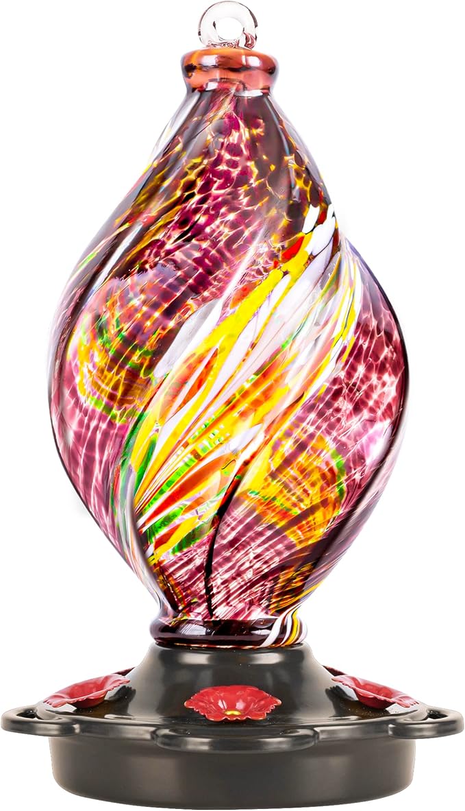 LUJII Ice Cream Shaped Spiral Hummingbird Feeder for Outdoors Hanging, Hand Blown Glass, 28 fl.oz, Leak Proof & Rustproof, Includes an Ant Moat with Hook, Unique & Stylish Glass Art & Decor (Purple)