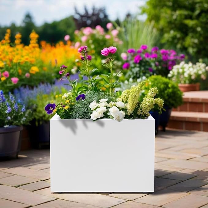 Metal Planter Box Rectangular Block-No Installation Required Galvanized Steel Long Box Planter Modern Outdoor Planters All-Weather Use with Drainage Holes for Patio/Porch,16 ×12×12IN（White）