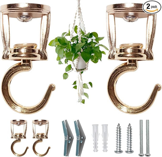Ceiling Hooks for Hanging Plants (2 PCS Gold),Heavy Duty Metal Plant Hooks, Screw in Hooks for Hanging Birdfeeders, Lamps, Planters, Outdoor Decorative Hooks up to 33 lbs