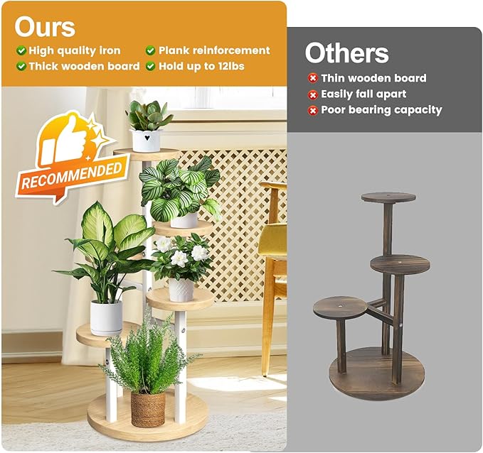 GEEBOBO 5 Tier Plant Stand Indoor, Metal Wood Plant Stands For Indoor Plants Multiple, Corner Tiered Flower Plants Shelf Stand for Living Room Bedroom, White