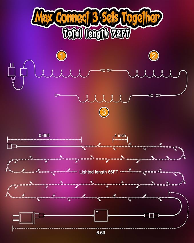 66FT Purple & Orange Hanging Twinkle Lights - 200 LED Fairy String Lights with 8 Modes for Halloween Party, Garden, Bedroom Decorations