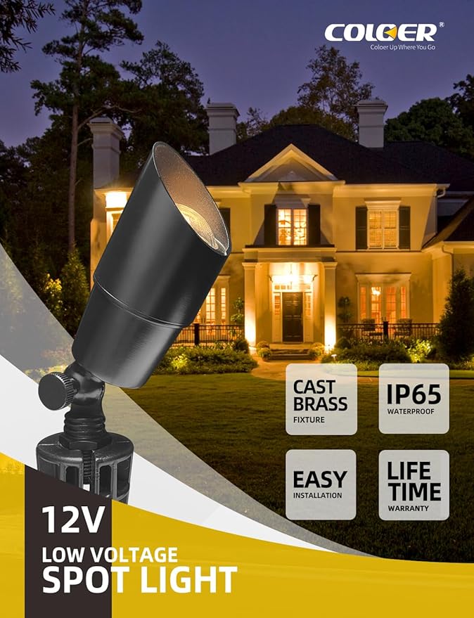 COLOER Brass Low Voltage Landscape Spotlight Fixture(Black) 10-Pack Without Bulb,12V AC/DC Outdoor Spot Lights for Yard, Directional Garden Patio Spot Up Light(101B-Black)