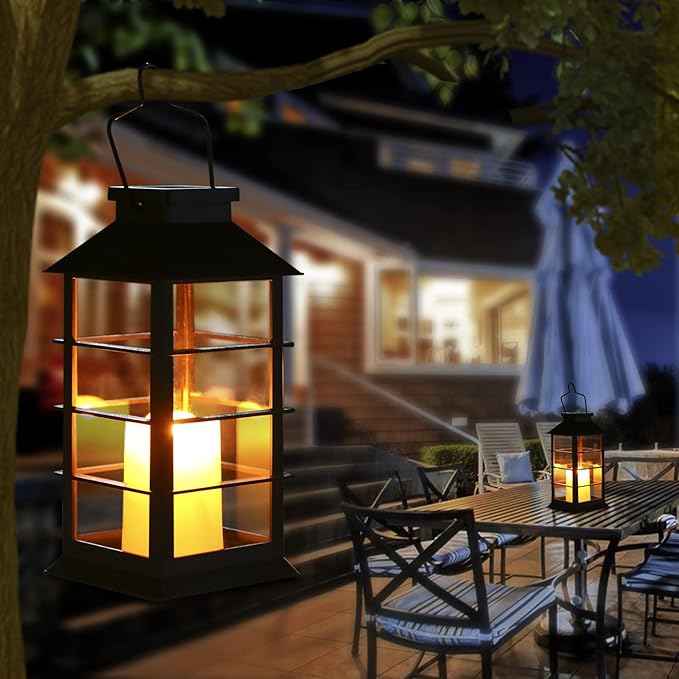 LED Solar Lantern - Outdoor Hanging Solar Lights Waterproof Flickering Flame Candle Light for Patio Courtyard Garden Decorative(2 Pack)