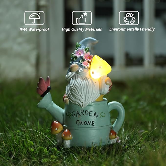 Garden Gnome Statue, Novelty Gnome Outdoor Figurine with Watering Can Shape and Flowers Butterfly Decor - Resin Gnome Sculpture with Mushroom Solar Lights for Porch Patio Yard Outdoor Decor