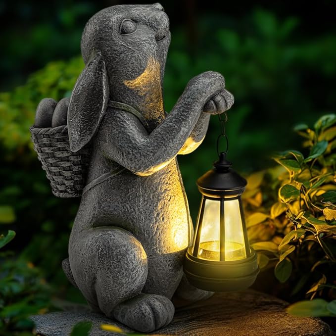 Solar Garden Outdoor Statues Rabbit with Solar Lantern,Outdoor Bunny Figurines Decorations,Lawn Decor Bunny Statue for Patio, Balcony, Yard Ornament,Unique Housewarming and Easter Gifts