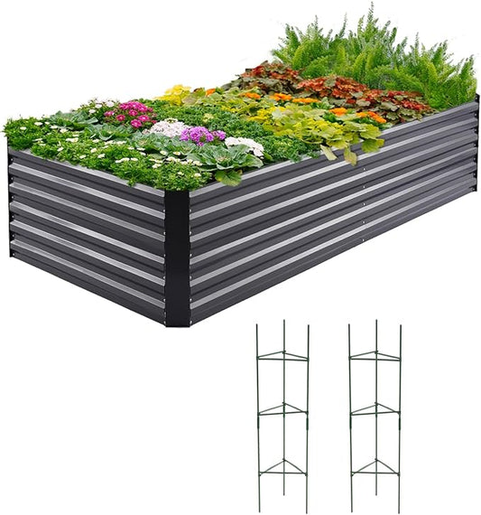 Quictent Galvanized Raised Garden Bed 8x4x2 Ft Tall Metal Planter Box for Vegetables Bottomless for Backyard, 2 Tomato Cages Included, 22.04" Deep, Dark Grey