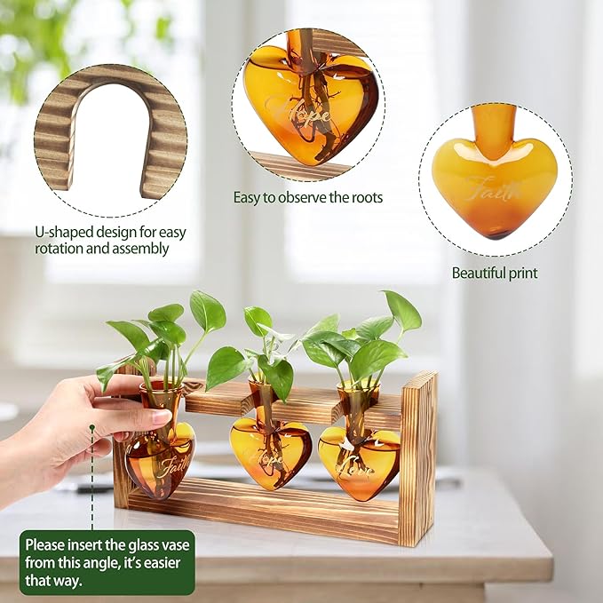 Plant Terrarium Propagation Stations Faith Hope Love Hydroponics Home Garden Decoration Gift for Women with Wooden Stand Heart Shaped Colored Glass Vase