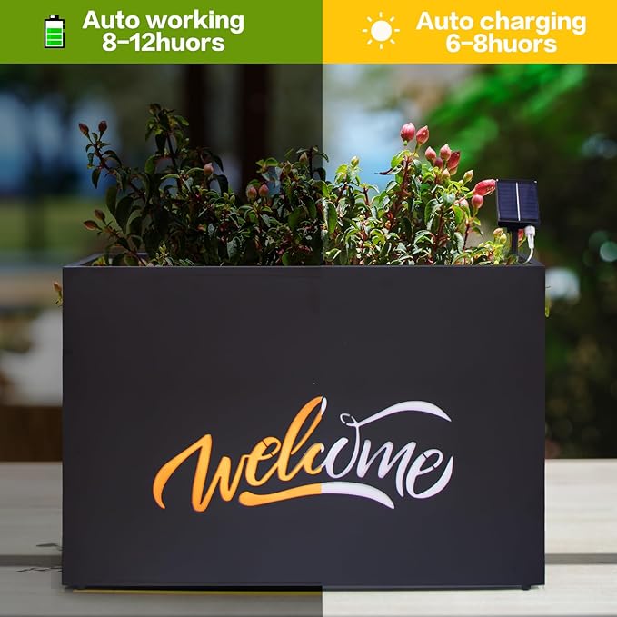 Metal LED Planter Box Rectangular Block - Galvanized Steel Long Planters Box with Solar Light Outdoor All-Weather Use with Drainage Holes for Cafe Bar Mall Store Patio/Porch/Entrance, 35.5×24×12IN