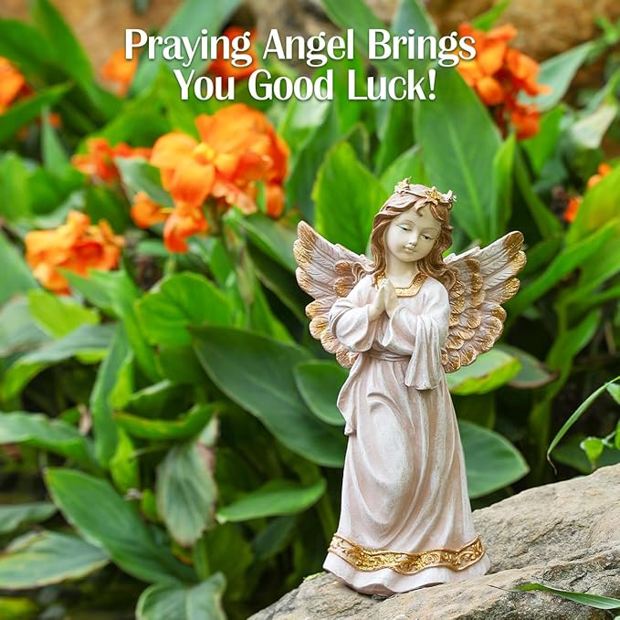 Angel Garden Statue,Memory Guardian Solar Garden Decor with Warm Light,Waterproof Praying Angel Statue with Garland,Outdoor Garden Decor Sculpture for Lawn Yard Patio,Sympathy Gift,Apricot Pink