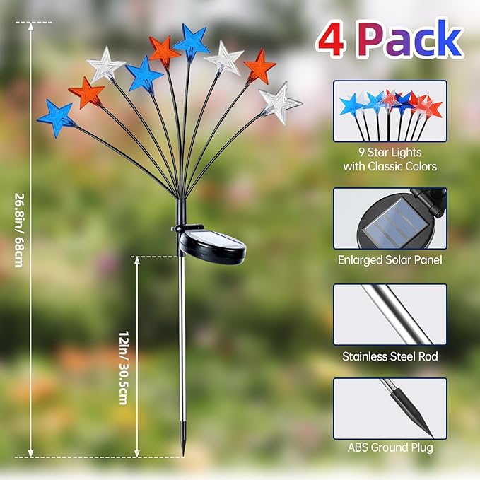 4th of July Decorations Solar Garden Lights, Fourth of July Red White and Blue Star Solar Lights Outdoor, Waterproof Patriotic Decor with 9 LED 2 Lighting Modes for Independence Day, 4 Pack