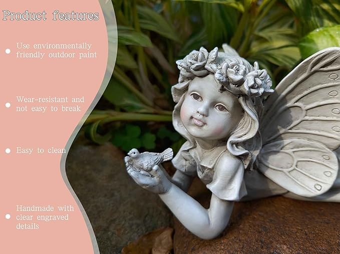 MeritMode Fairy Flower Garden Outdoor Statue - Angel Holding Bird and Butterfly, 11" Width, Cherub Decor and Grandma Gifts, Patio and Yard