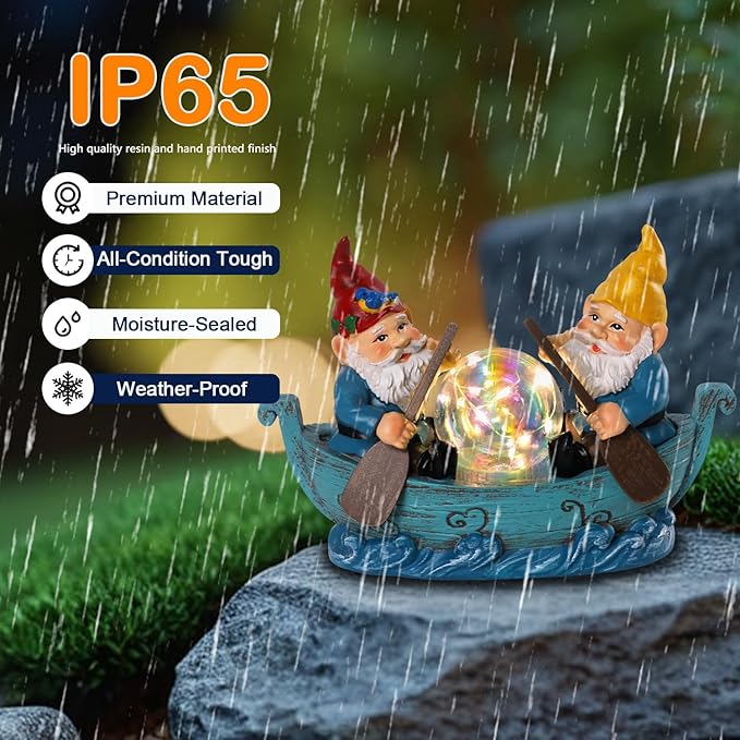 Solar Gnome Boating Garden Statues with Ball Light 4.6" Resin Gnomes Figurines Decorations for Yard Patio Lawm Porch Balcony Funny Housewarming Birthday Gardening Gifts for Women Moms