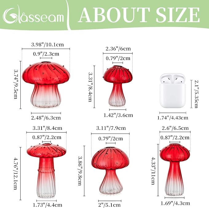 Glasseam Mushroom Plant Propagation Stations: Red Glass Terrarium Jar Set of 10 Cute Planters for Indoor Plants Mini Propagate Station Unique Christmas Birthday Gifts for Women Home Office Decor