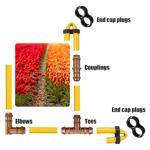 Irrigation Fittings Kit for 1/2 Inch Tubing Include 8 Tees, 8 Couplings, 8 Elbows and 8 End Cap Plugs Drip Irrigation Barbed Connectors, Drip Line Connectors Set