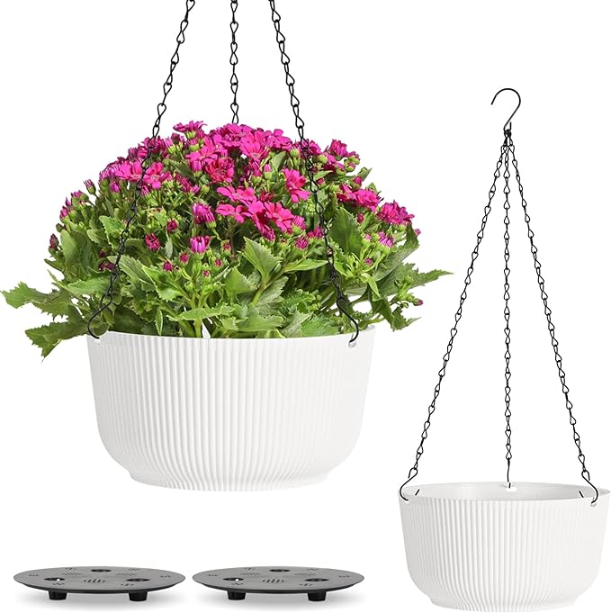 T4U 10 Inch Hanging Planters for Indoor Outdoor Plants, 2 Pack White Self Watering Hanging Plant Pot, Hanging Pots Set with Drainage Hole & Plug & Chain with 3 Hooks for Garden Home Decor