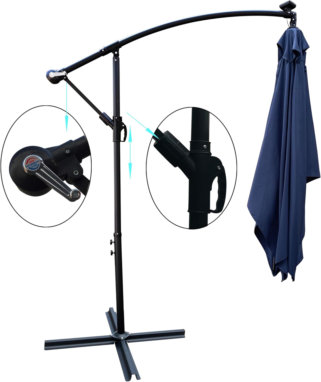 8x8FT Patio Umbrella, Outdoor Offset Umbrella with Cross Base and Crank, Square Cantilever Umbrella with Solar Lights, Hanging Market Umbrella with 8 Rids for Pool, Deck, Backyard (Navy Blue)