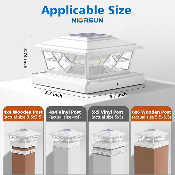 NIORSUN Solar Post Lights Outdoor 12 Pack, 2 Modes LED, Deck Fence Post Solar Lights for 3.5x3.5 4x4 5x5 5.5x5.5 Caps Patio Garden Decoration, White