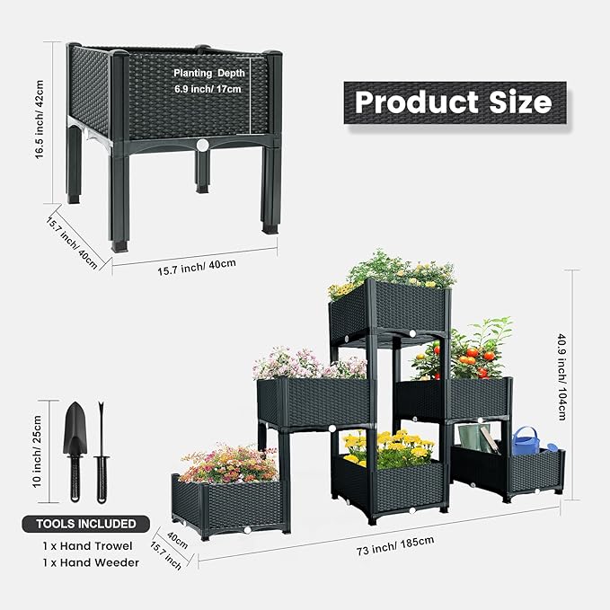 MAYOLIAH Garden Raised Bed Kit, 6 Elevated Planter Boxes with Drainage Holes, Taller Plastic Garden Bed for Vegetables Herbs Flowers Fruits Planting in Front Porch Yard Patio Balcony, Grey