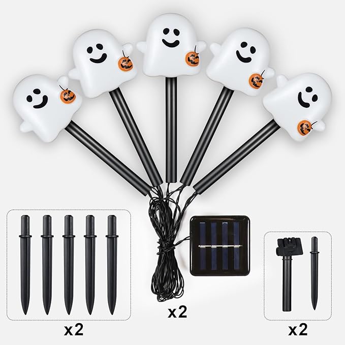 Solar Halloween Ghost Pathway Lights, 10 Pack Ghost Stake Lights with Pumpkin Design, Durable Waterproof Outdoor Halloween Decoration for Garden, Walkway, and Yard (10Pcs PGhost)