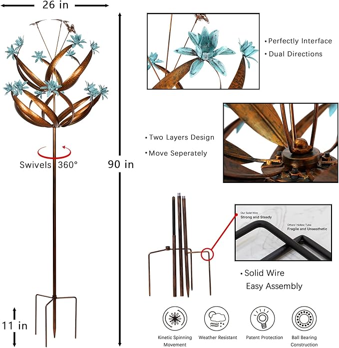 Butterfly Flower Garden Wind Spinner - Large Kinetic Outdoor Metal Wind Sculptures & Spinners Decor for Yard and Garden, Whirligigs Large Wind Spinners for Patio, Lawn, Outside (26" W x 90" H)