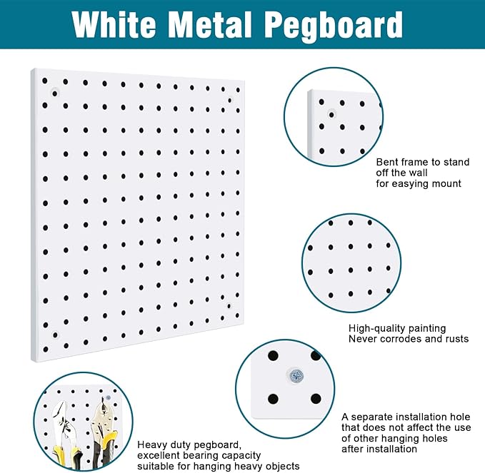 4 Pack Steel Peg Board,Universal 1/8 and 1/4 Pegboard Accessories,Ideal for Garage Tool Storage, Office Organization, Craft Room, Kitchen etc. (White, 4-12X12)