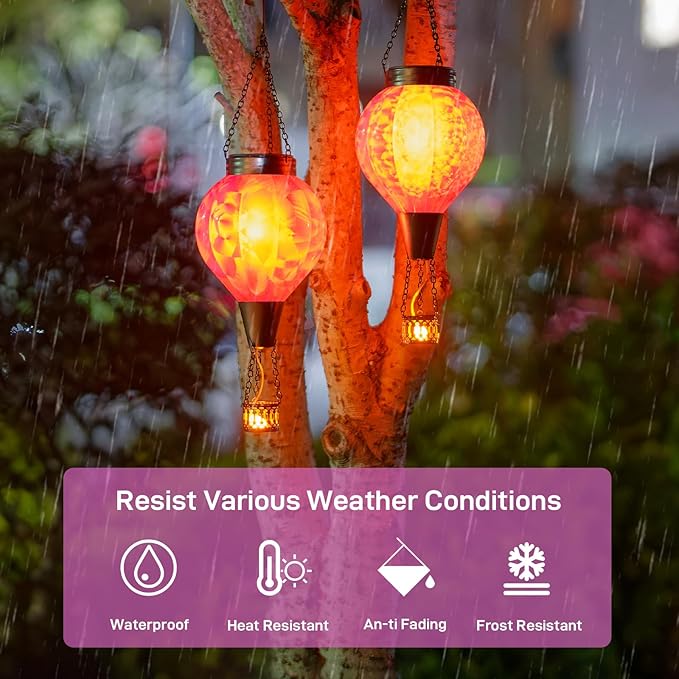 2PC Hot Air Balloon Solar Lantern with Flame, Pink Glass Balloon Lantern Lights Outdoor Waterproof, Hanging Solar Lights for Outside Garden Yard Patio Tree Porch Gift for Women Lovers Mom