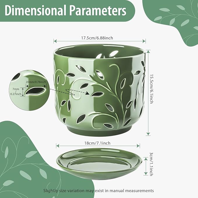 EFISPSS Orchid Pots with Holes, 7 Inch Orchid Pots with Drainage Holes and Tray, Indoor or Outdoor Large Pot for Orchid Care,Durable for Repotting or New Plants - Green
