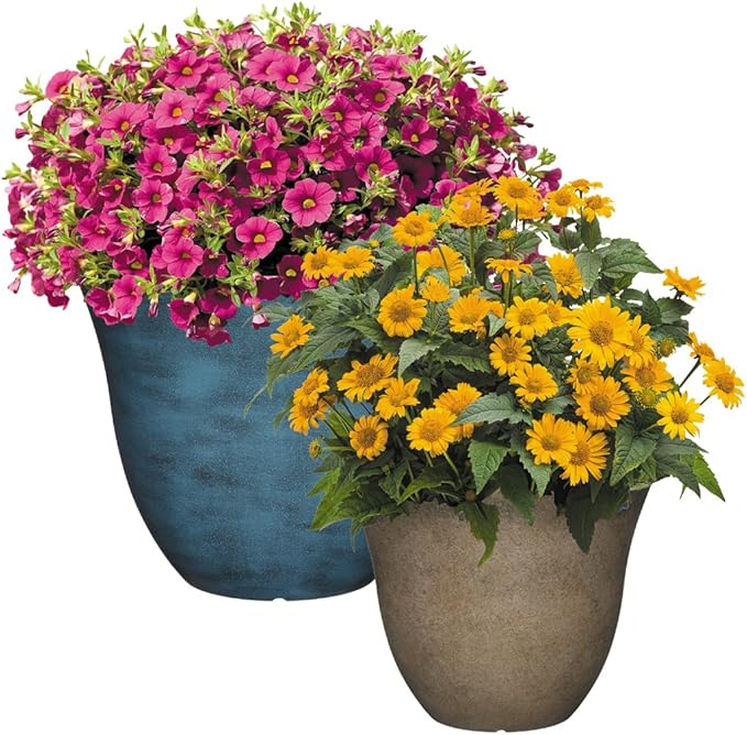 Classic Home and Garden Honeysuckle Resin Flower Pot Planter, Fossil Stone, 15" (Pack of 2)