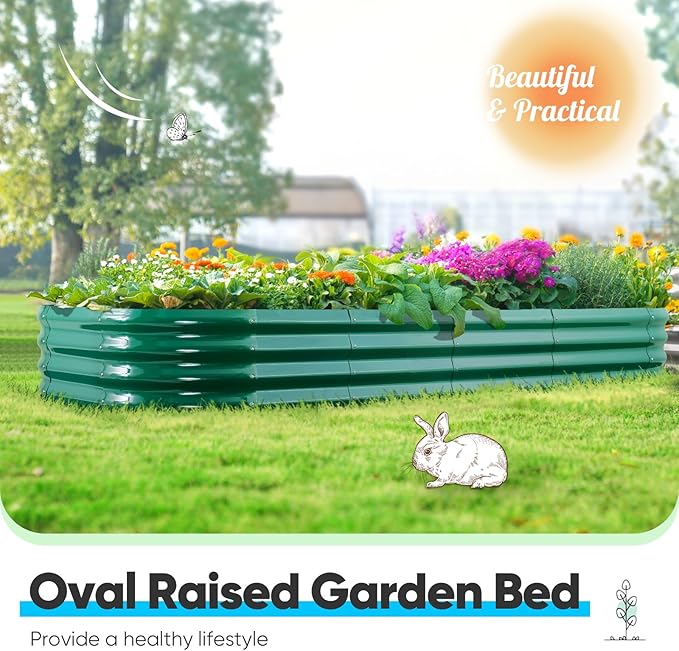 Quictent Raised Garden Bed Kit Oval Galvanized Metal Planter Box for Vegetables Outdoor Backyard, Rubber Strip Edging Included, Dark Green 6x3x2 ft