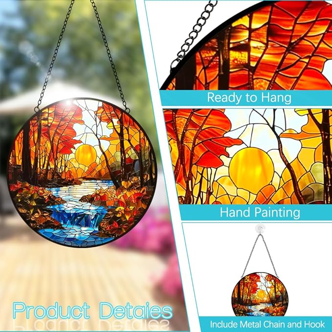 Sunset Suncatcher Stained Glass Window Hanging - Sun Catchers Indoor Window Decorations with Tree and River - Sunset Scenery Window hangings with Hooks - Valentines Day Gifts for Him Her Women Men