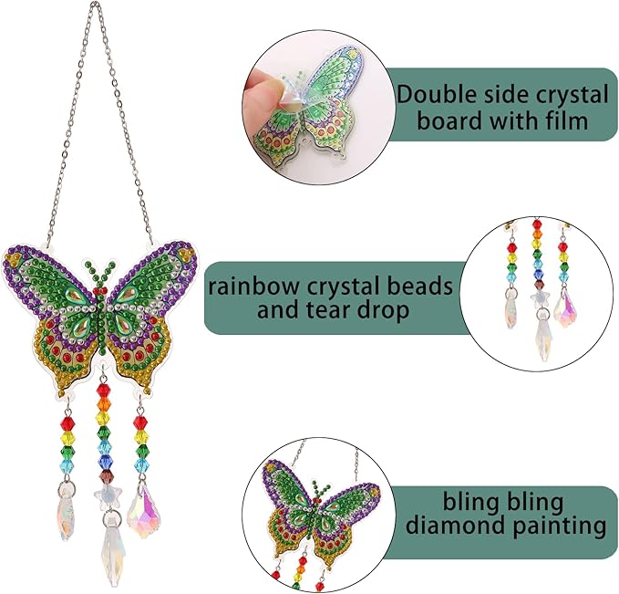 Bingcute Diamond Art Painting Suncatchers, 4 pcs Sun Catchers Diamond Art Painting Kits for Kids DIY Crafts for Adults Hummingbird Prism Crystal Suncatchers Wind Chime Windows Garden Decorations