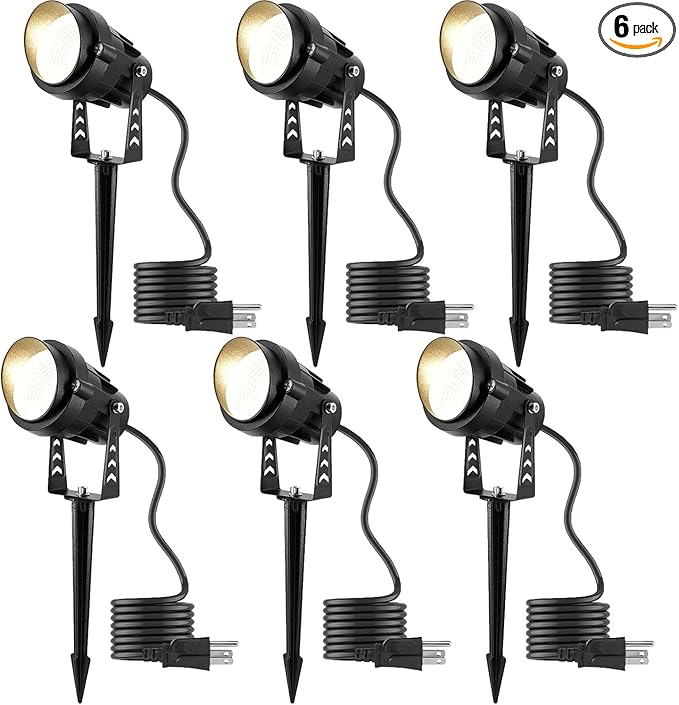 Outdoor Warm White Spot Lights, 3000K Landscape SpotLights, 12W IP65 Waterproof Garden Lights, Metal Case COB Lighting with Spiked Stand for Lawn Decorative Lamp (6 Pack)