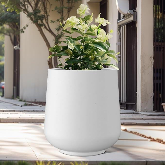 Kante 11.6" Dia Round Concrete Planter, Outdoor Indoor Large Plant Pots Containers with Drainage Hole and Rubber Plug for Home Garden Patio, Pure White