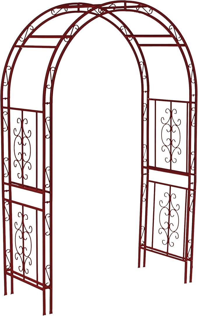 Evergreen Plow & Hearth Arch Metal Outdoor Garden Arbor | Montebello | 7 Feet Tall | Red | Iron Trellis Lattice for Climbing Plants | Wedding | Outdoor Patio Decor (Red)